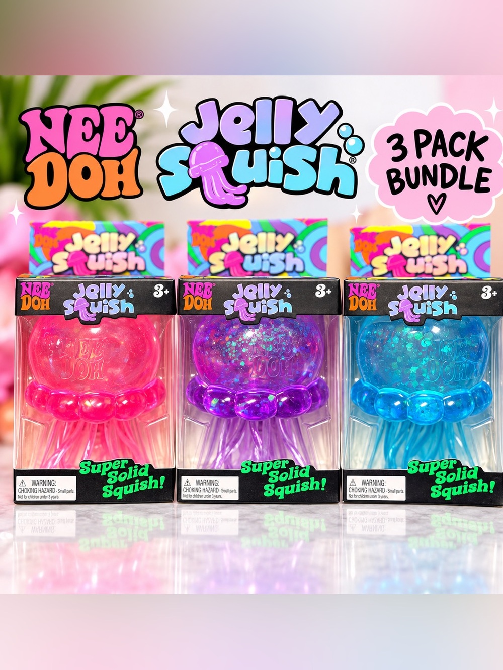 RARE NeeDoh Jelly Squish Set of 3 Pink Purple Blue Jellyfish Squishy-Bundle-NEW!